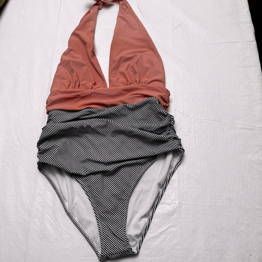 Orange and striped‎ one piece halter swimsuit size S/M